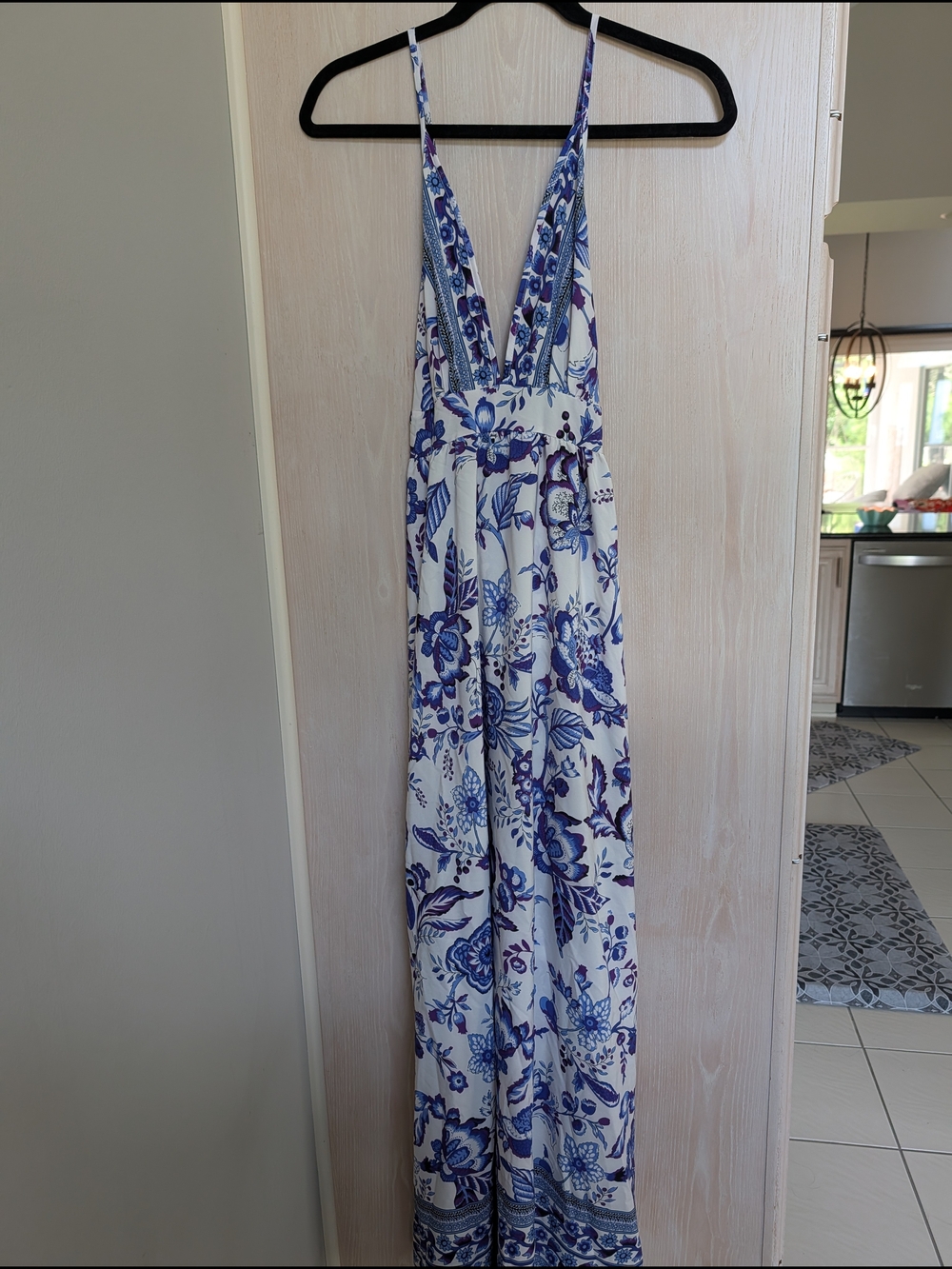 Floral Maxi Dress with Deep V-Neck in Blue and White